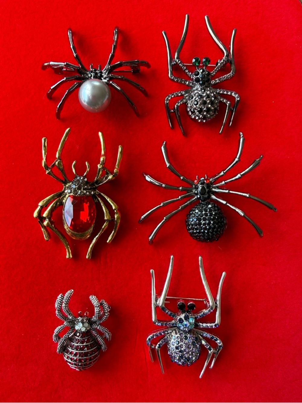 American Vintage Spider Brooches in Red, Gold, Black, Silver